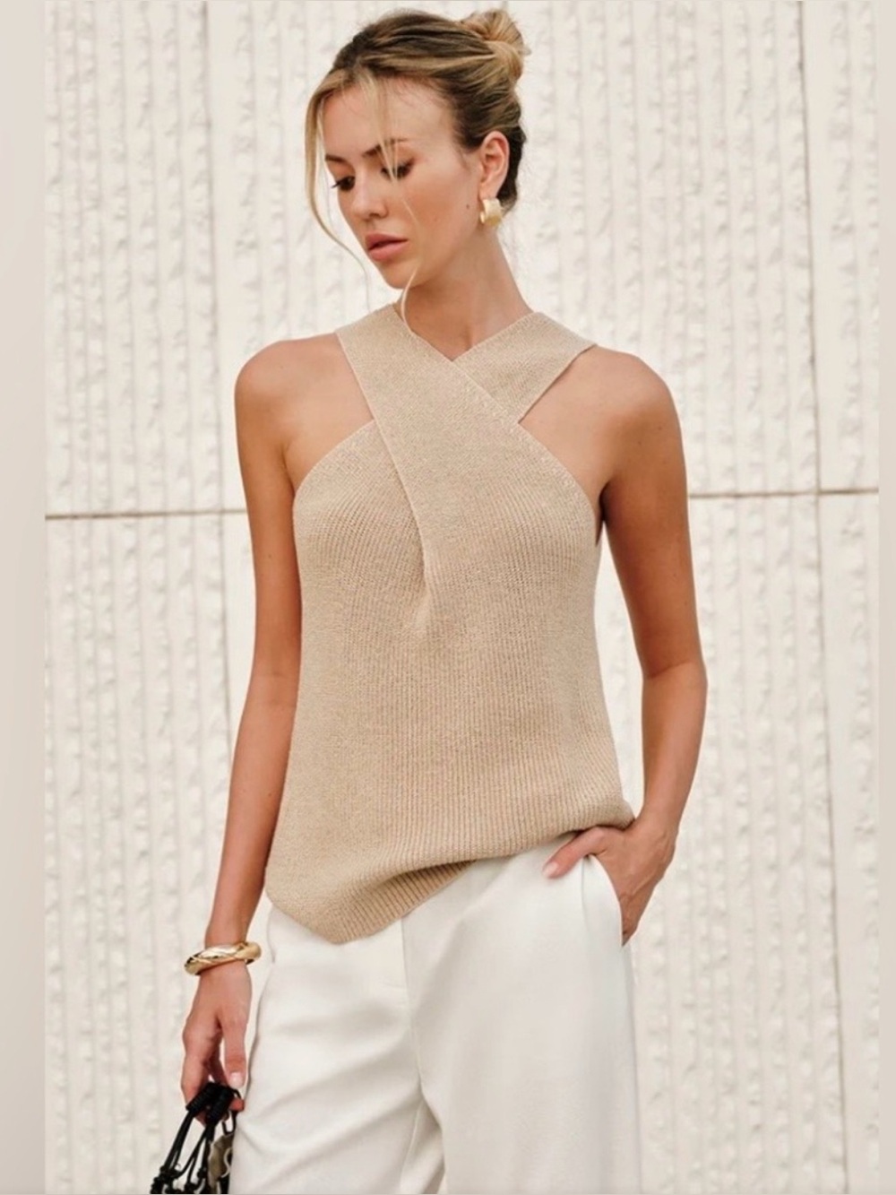 Commense One-Shoulder Knit Top in Beige